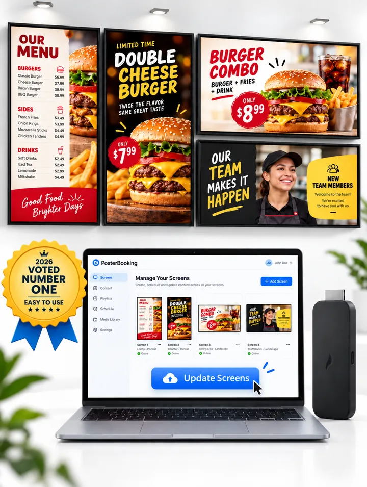 PosterBooking digital signage software managing four restaurant menu screens from a laptop dashboard