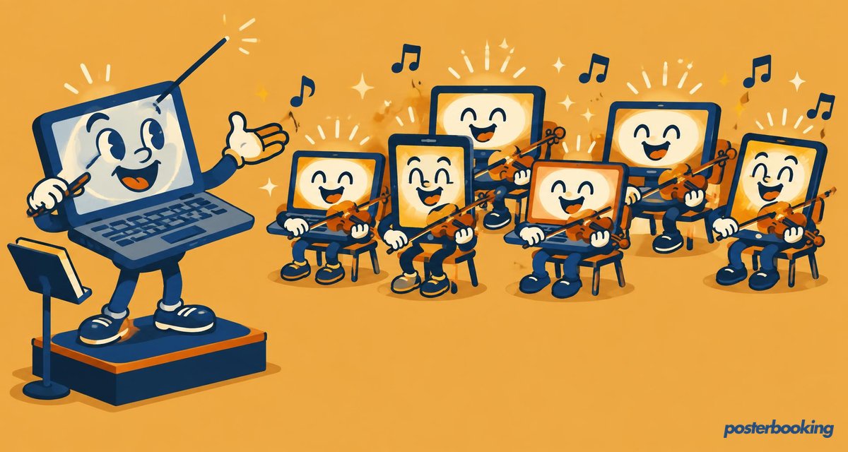 Funny amber cartoon illustration for the article 'What Is a Digital Signage CMS? Features and Benefits' on PosterBooking