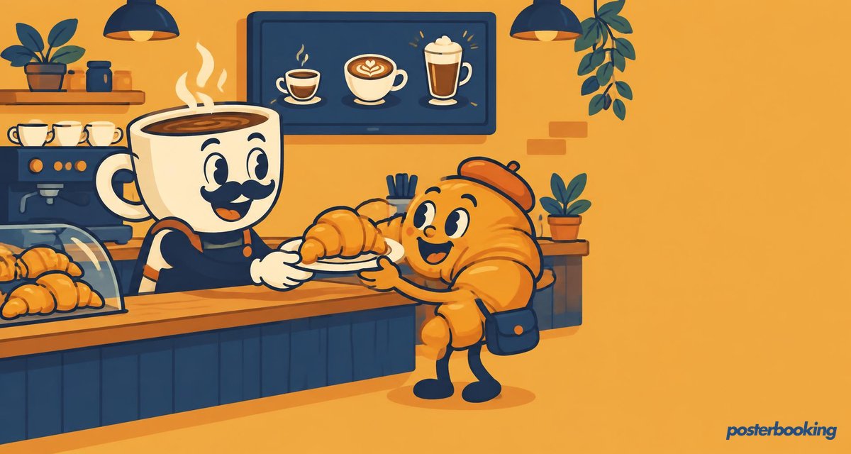 Funny amber cartoon illustration for the article 'How to Set Up Digital Menu Boards for Your Café' on PosterBooking