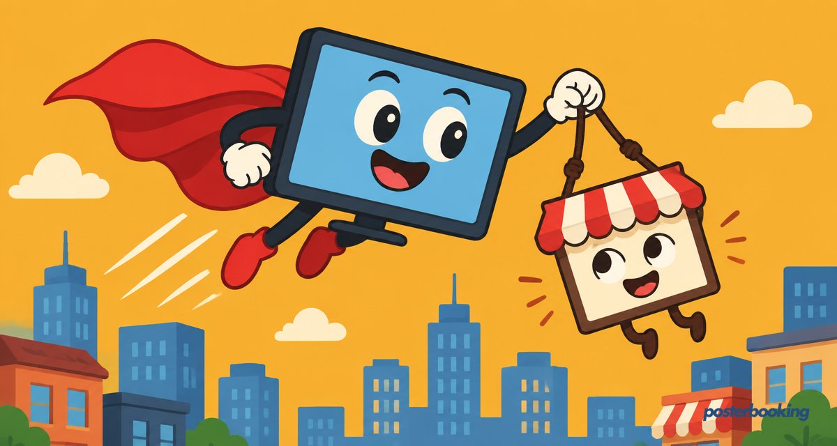 Funny amber cartoon illustration for the article 'The Best Novisign Digital Signage Alternative in 2026' on PosterBooking