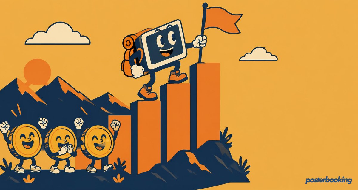 Funny amber cartoon illustration for the article 'How Effective Is Digital Signage? ROI, Sales, and Growth' on PosterBooking