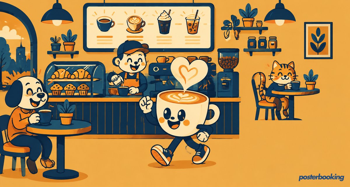 Funny amber cartoon illustration for the article 'Digital Menu Boards: Setup, Design, and ROI for Restaurants' on PosterBooking.