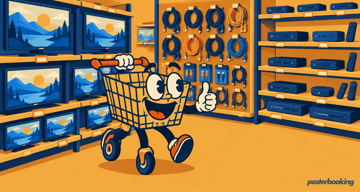 Funny amber cartoon illustration for the article 'Digital Signage Hardware: Complete Buyer’s Guide (2026)' on PosterBooking.