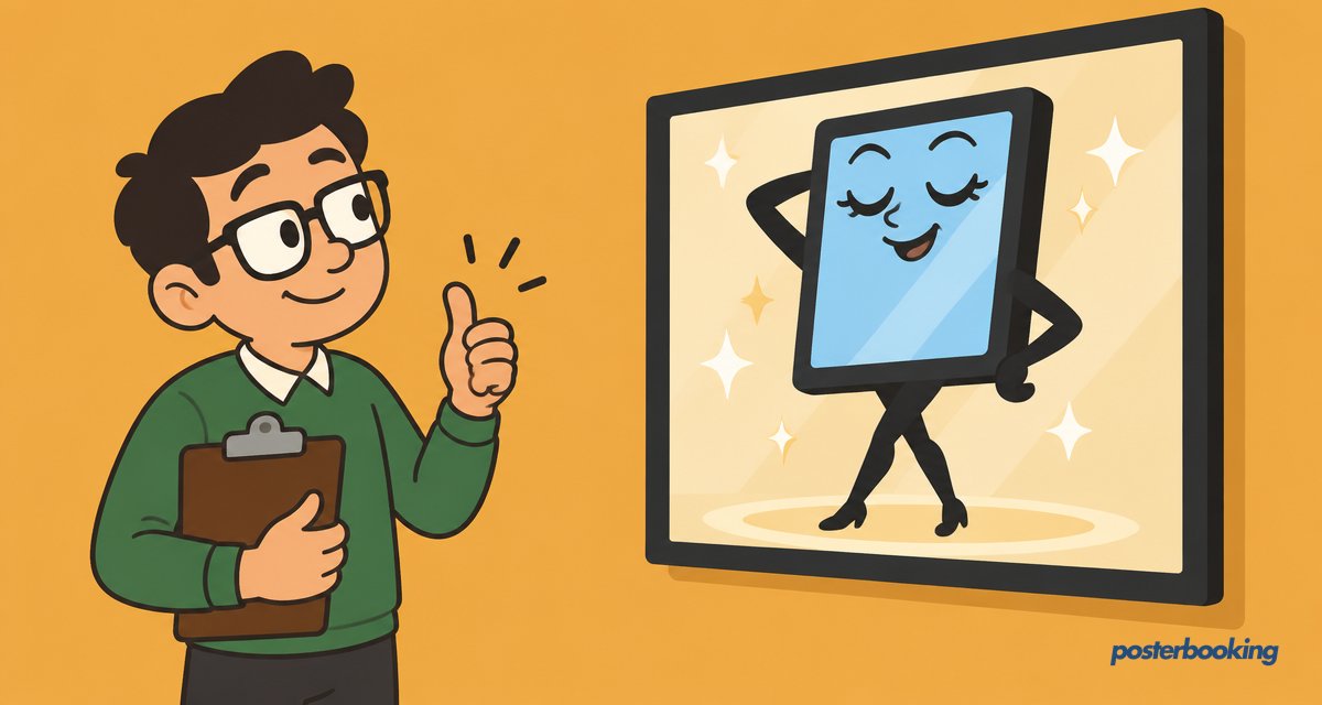 Funny amber cartoon illustration for the article 'Yodeck Digital Signage: Everything You Need to Know in 2026' on PosterBooking